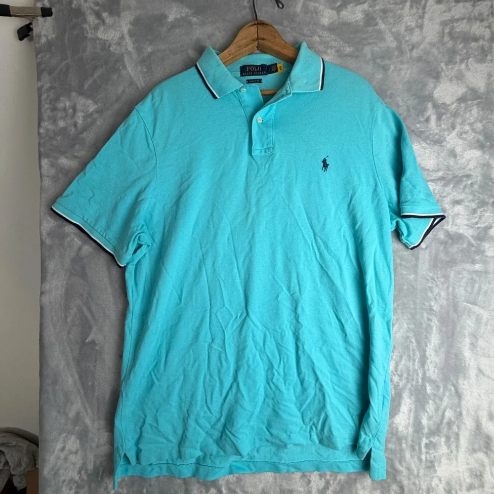 Polo Ralph Lauren Mens Classic Fit Polo Shirt Turquoise Blue Tipped Large